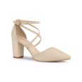 thumbnail image 1 of BLISSFUL STEP Women's Pointed Toe Cross Strap Block Heels Pumps Beige 7, 1 of 7