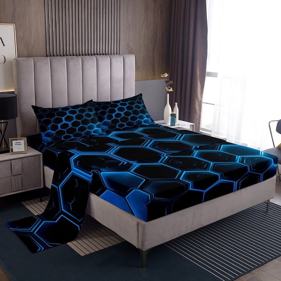 Erosebridal Black Blue Geometric Twin Sheet Sets, Hexagon Honeycomb Bedding Twin Size 3 Pieces