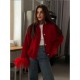 thumbnail image 4 of Cárdigan de punto de manga larga con plumas de retazos rojos para mujer, suéter grueso ajustado con cuello redondo, trajes elegantes para viaje, 4 of 5