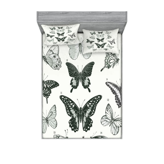 Ambesonne Animal Fitted Sheet & Pillow Sham Set, Modern Realistic Art, Queen, Black Grey and White