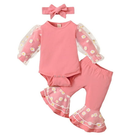 

PBaeM Baby Girl Cascading Ruffle Floral Long Sleeve Romper Elastic Waist Pants Headband 3Pcs Set Outfit Sizes 0-12M