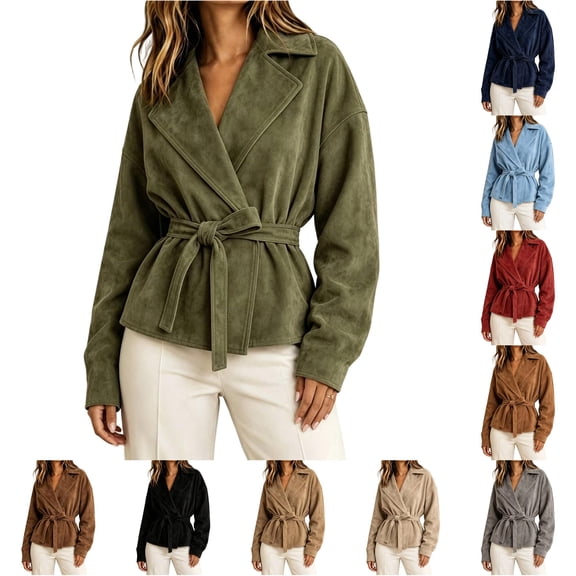 SONXAHE Faux Suede Wrap Tie Waist Jacket For Women Lapel Collar Long Sleeve Cropped Casual Outerwear Coat