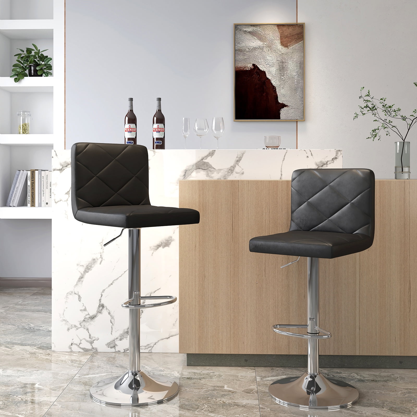 COMHOMA Bar Stools, Modern PU Leather Swivel Adjustable Hydraulic Bar Stool with 16.1” Wide Base, Height Adjustable Counter Stool Set of 2, Black