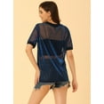 thumbnail image 4 of Camiseta transparente de manga corta con cuello redondo y contraste de malla transparente para mujer Azul Holográfico L, 4 of 6