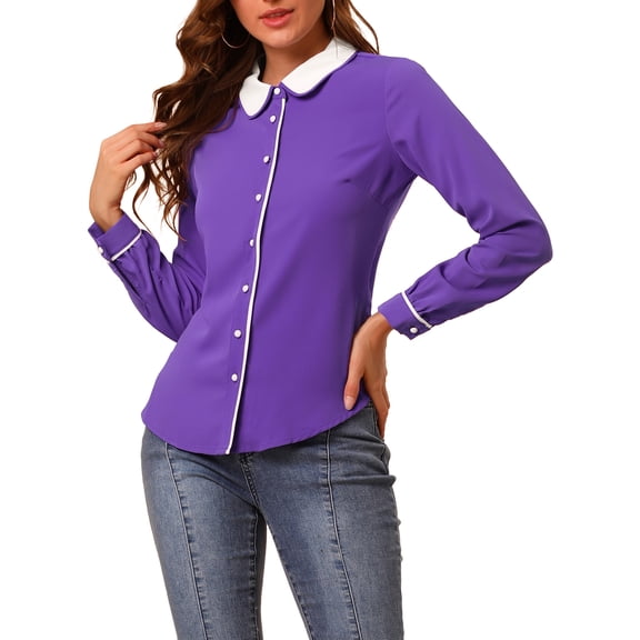 Allegra K Women's Button Down Shirt Long Sleeve Work Peter Pan Collar Blouse Tops