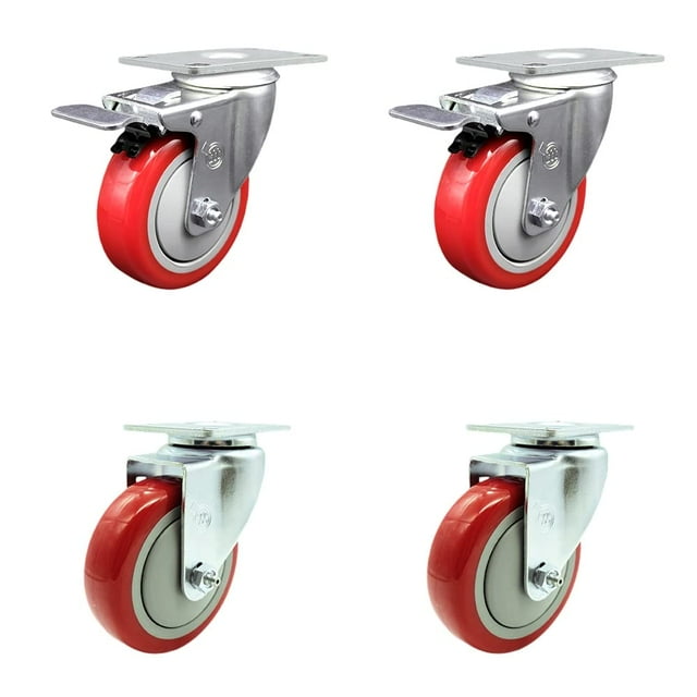 Polyurethane Swivel Top Plate Caster Set of 4 with 4 Inch Red Wheels - Includes 2 Swivel with Total Locking Brakes and 2 Swivel - 1400 lbs. Total Capacity - Service Caster Brand