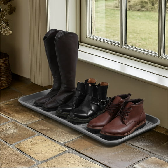Navaris Boot Trays for Entryway - Set of 3, 30 x 15 Large Waterproof Shoe Trays for Winter Shoes, Boots. Ideal for Indoor Front Door, Mudroom, Garage. Color: Gray.