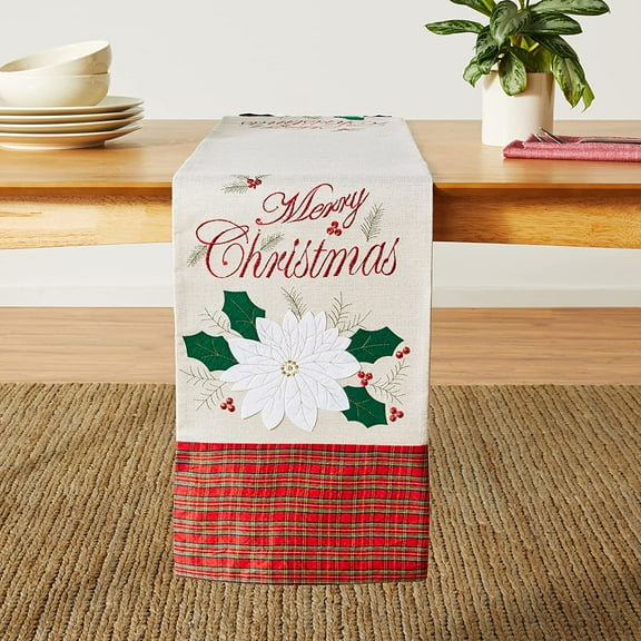 Violet Linen Seasonal Picks Decorative Appliqued Embroidered Christmas Table Runner, 13" x 70", Plaid Design