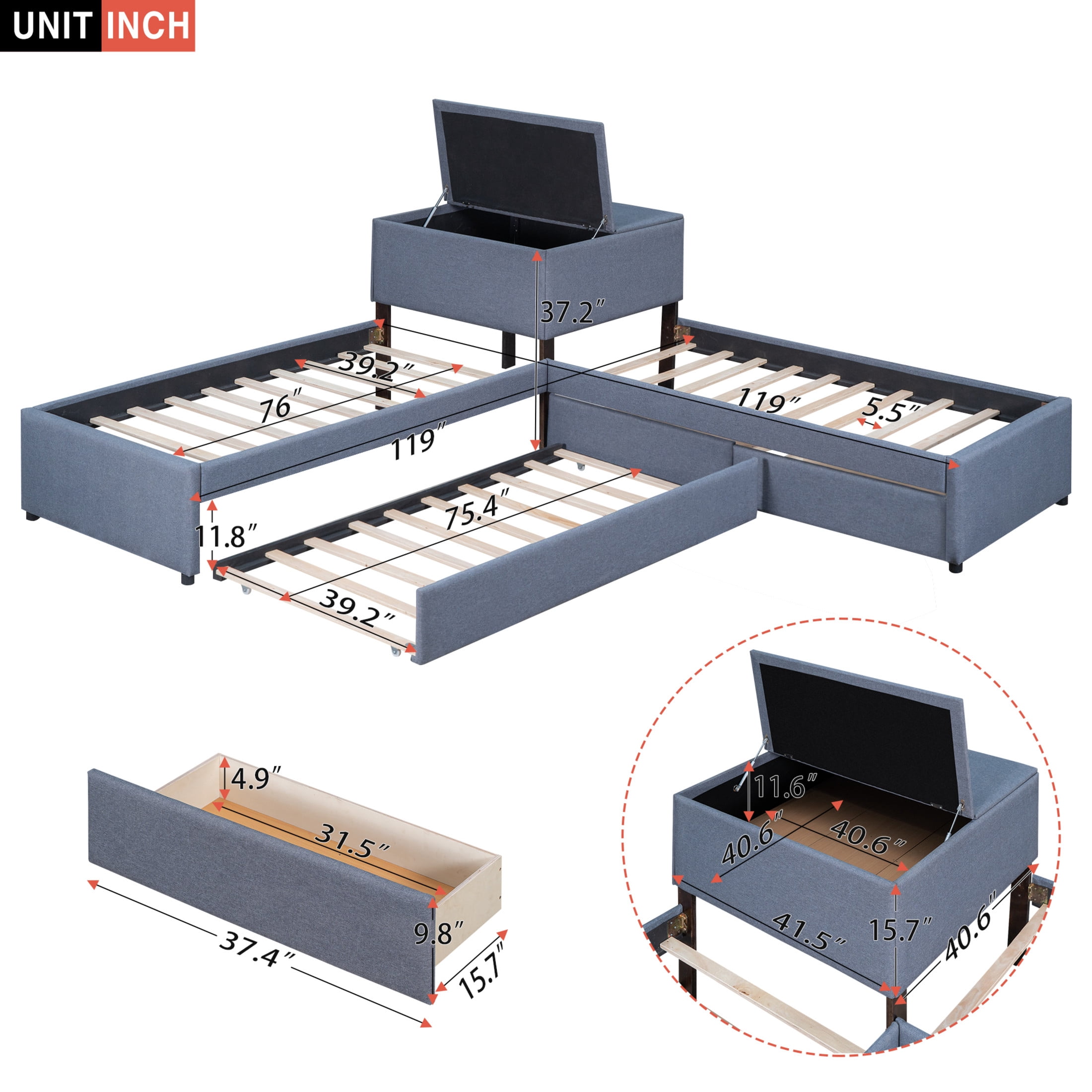 Noble House Solen Twin Size L-Shaped Upholstered Platform Bed with Trundle, Built-in Desk and Storage Drawers, Gray