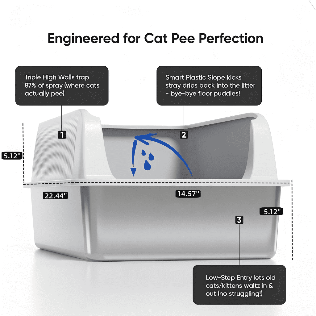 Stainless Steel Cat Litter Box with High Sides Lid, Extra Large XL for Big Cats, Open Top Metal Kitty