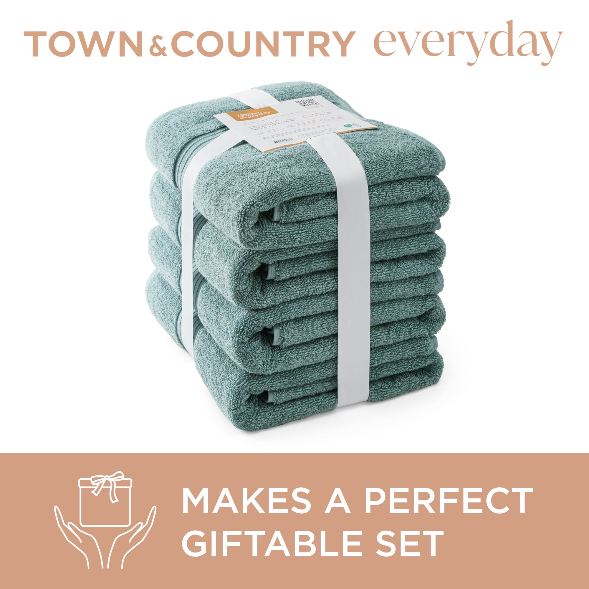TOWN & COUNTRY EVERYDAY 4-Piece Solid Dobby Border Bath Towel Set, 30"x58", 100% Cotton, Plush & Absorbent 650GSM, Aqua Blue