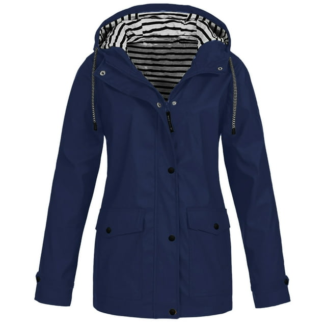 Heliisoer Women's Plus Size Solid Snap Zip Up Rain Jacket Outdoor Plus Size Waterproof Hooded Raincoat Windproof