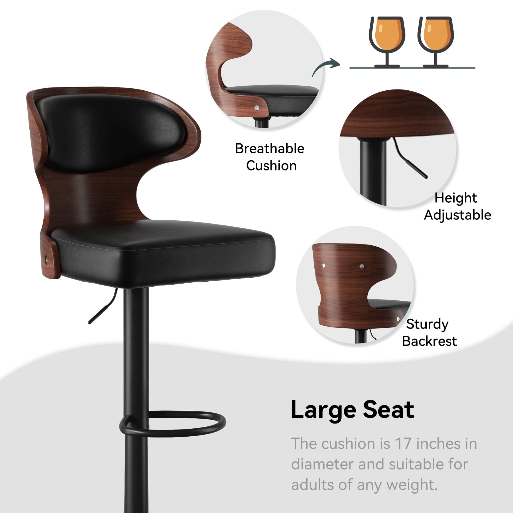 Hawsaiy Bar Stools Set of 2, Adjustable Height 24.5"-33.5", Bentwood Swivel Barstools with Back & Footrest, PU Leather Upholstered Bar Chairs for Kitchen Island, Dining Room, Home Bar