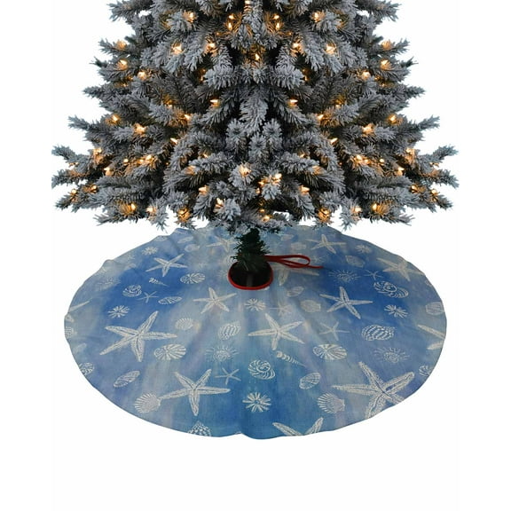 Blue Ombre Christmas Tree Skirt 48 Inches Large Christmas Skirt Tree, Summer Beach Starfish Ocean Coastal Conch Shell Tree Skirt Christmas Decorations for Fireplace Party Holidays Indoor Outdoor