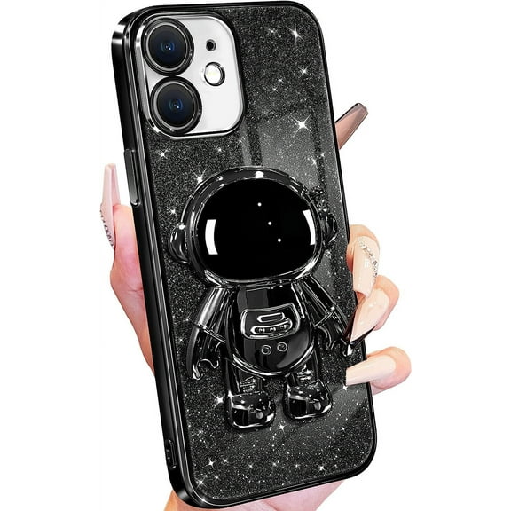 For iPhone 11 Case Astronaut, Clear Cases for iPhone 11 with Glitter Paper & Spaceman Stand, Women Girls Cute Electroplated Sparkly Space Phone Cover for 11 Black
