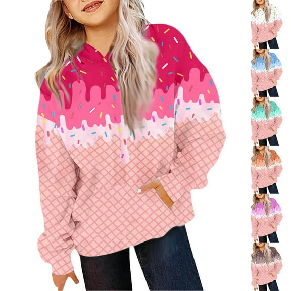 RTKFRFLM Kids Hooded Sweatshirt with Ice Cream Print, Cute Pullover Hoodie for Boys and Girls Ages 2–12