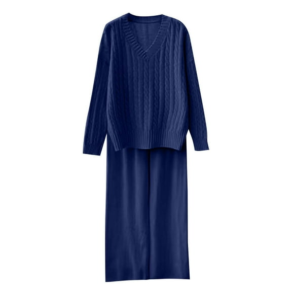 Womens Fall 2 Piece Sweater Set Long Sleeve Lounge Sets Cable Knit Pullover Tops Wide Leg Pants, Free Size
