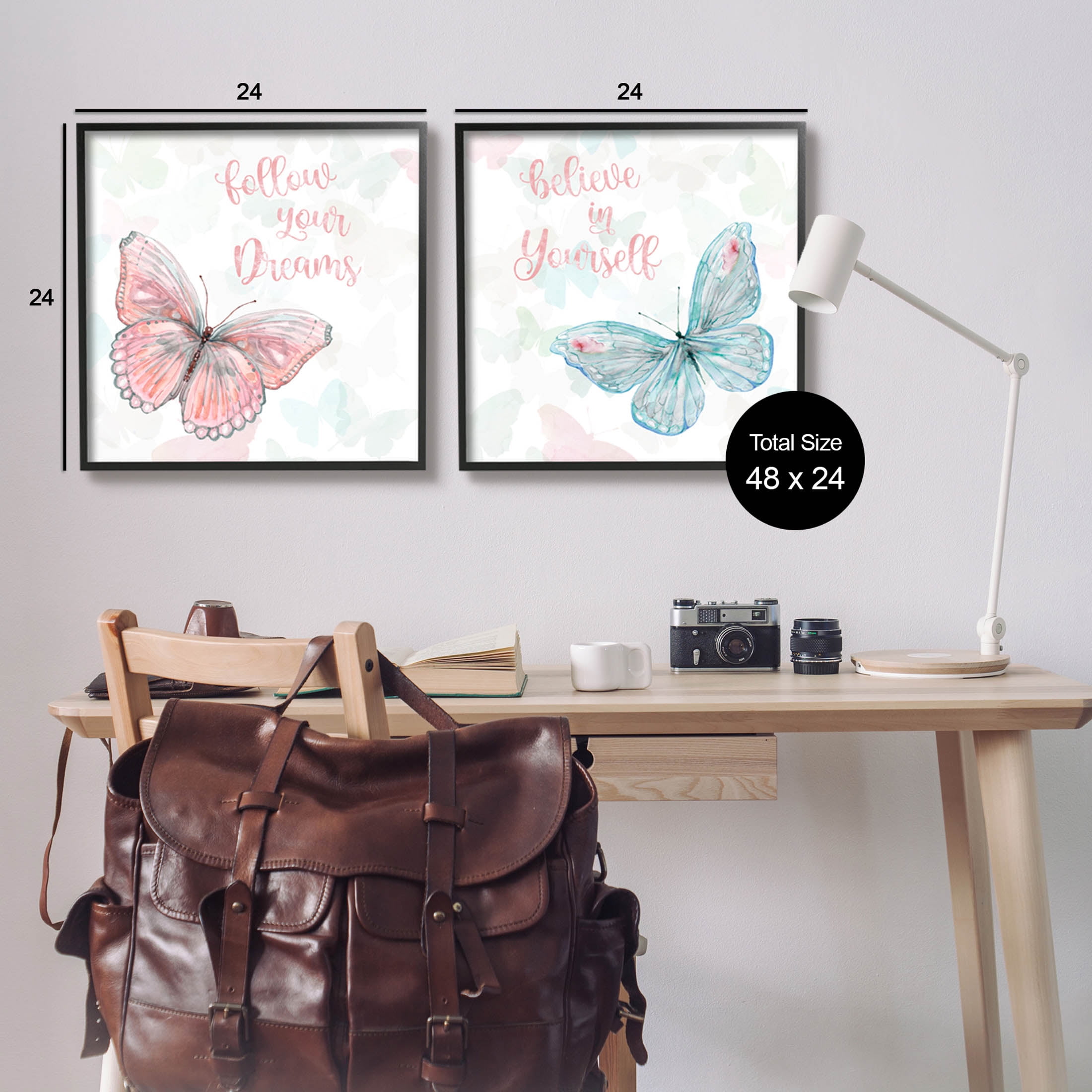 Believe In Dreams Butterflies Animals & Insects Graphic Art Black Framed Art Print Wall Art, Set of 2