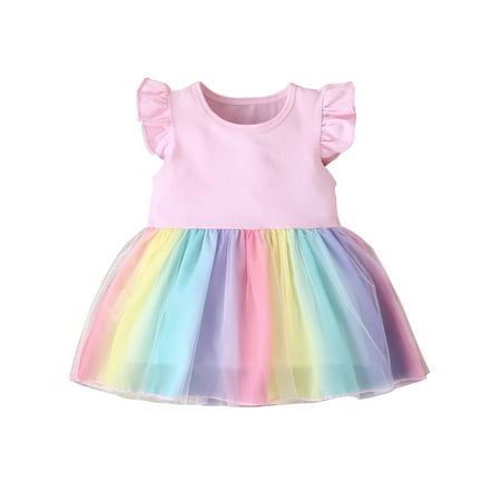

Dewadbow Toddler Baby Girl Summer Rainbow Ruffle Tulle Tutu Patchwork Dress