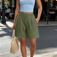 thumbnail image 2 of Women's Soft Fabric Elastic Waist Casual Shorts with Pockets, Solid Color Pleated Loose Fit, Shorts for Women Summer, Lounge Athletic | VerBelle,Army Green L, 2 of 9
