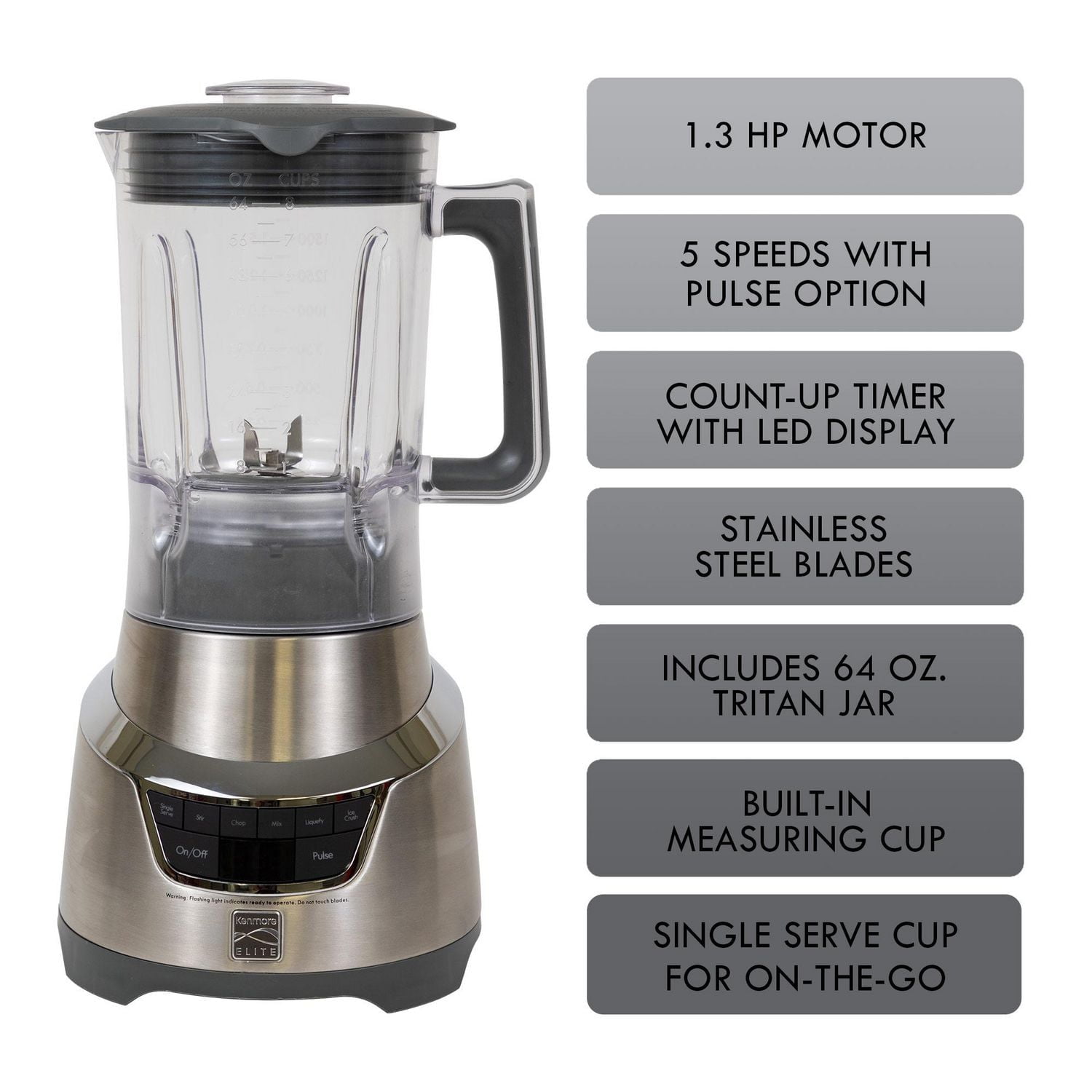 Kenmore Elite 5-Speed Countertop Blender with Travel Cup, Smoothies, Soups & Sauces, Stainless Steel Design