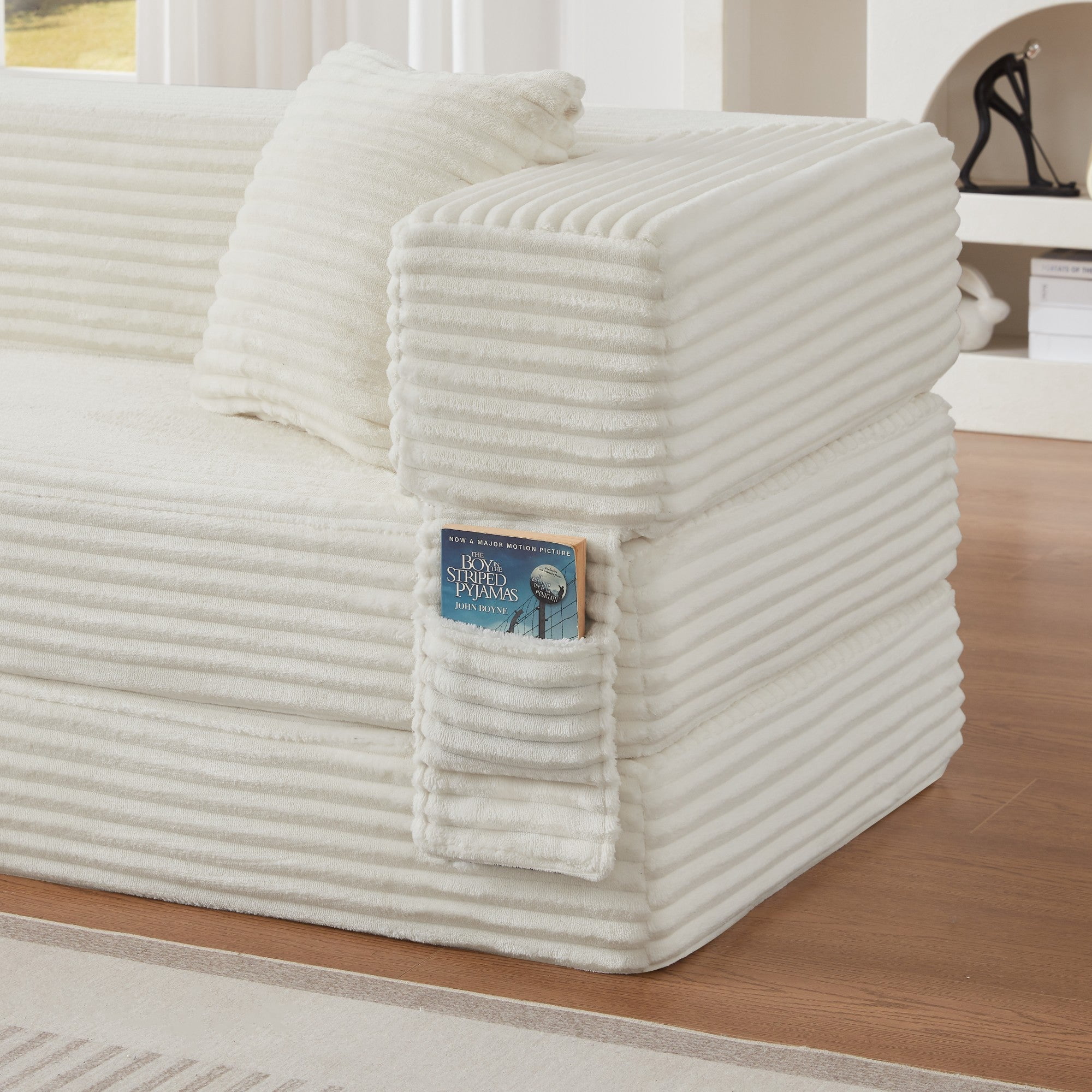 Sailvan Modern Cord Sofa Bed,Convertible Sleeper Couch with High Density Foam,Classic Square Two Tier Design for Apartments,Small Double Bed White