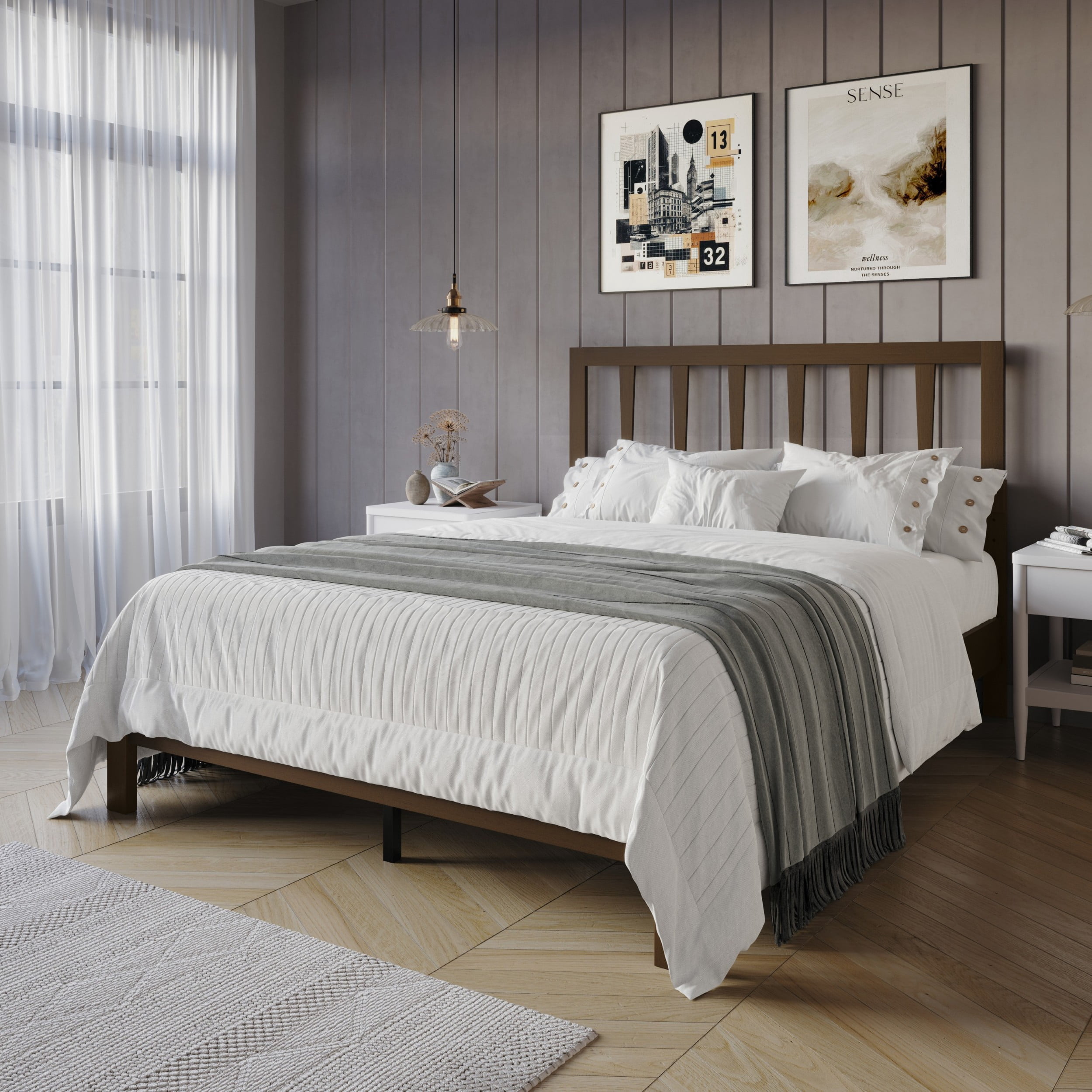 Home Design Elmira King Wood Platform Bed with Adjustable Height Headboard & Durable Wood Construction, Brown, Easy Assembly