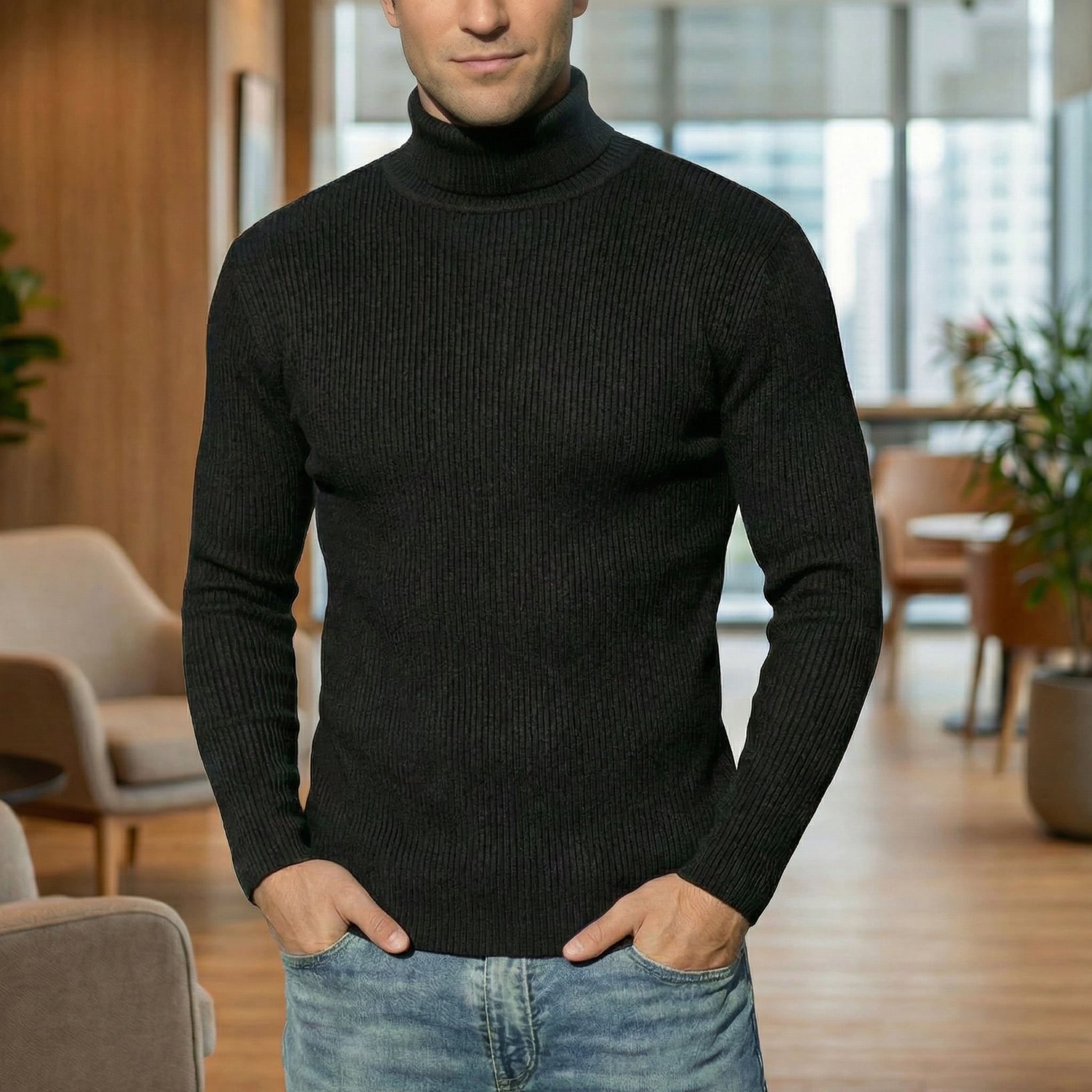 COOFANDY Mens Ribbed Slim Fit Knitted Pullover Turtleneck Sweater White