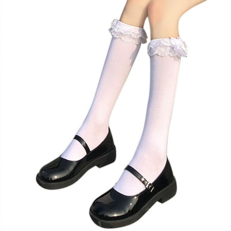 

VIEGINE Women Sweet Lolita Knee High Socks Bowknot Ruffled Frilly Lace Trim Stockings