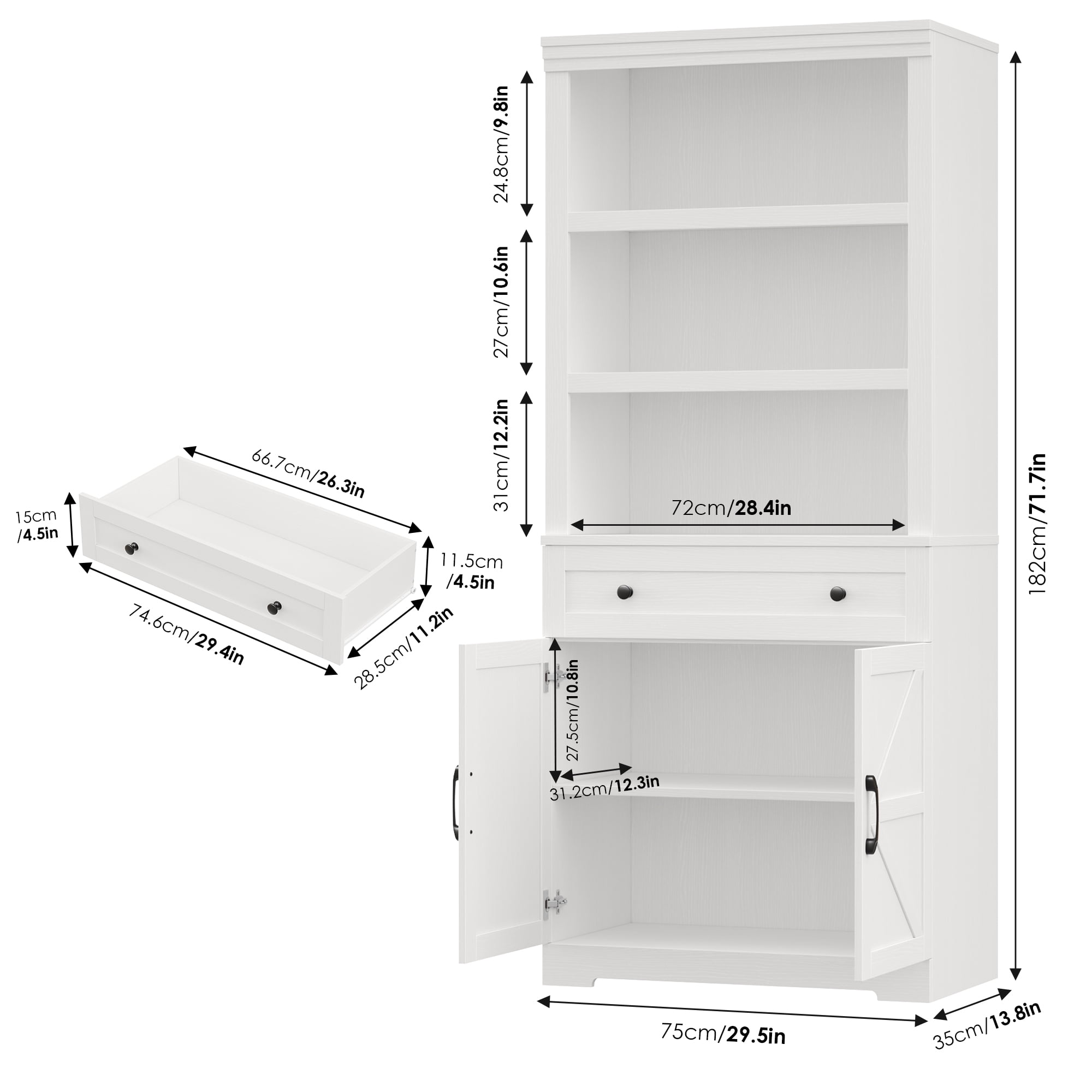 Hiphuta Bookcase with Doors, 71.6"Tall bookshelves with Storage, 5 Shelf Display Storgae Shelves, Bookshelves and Bookcases with 2 Doors for Home Office, Living Room, Bedroom, White