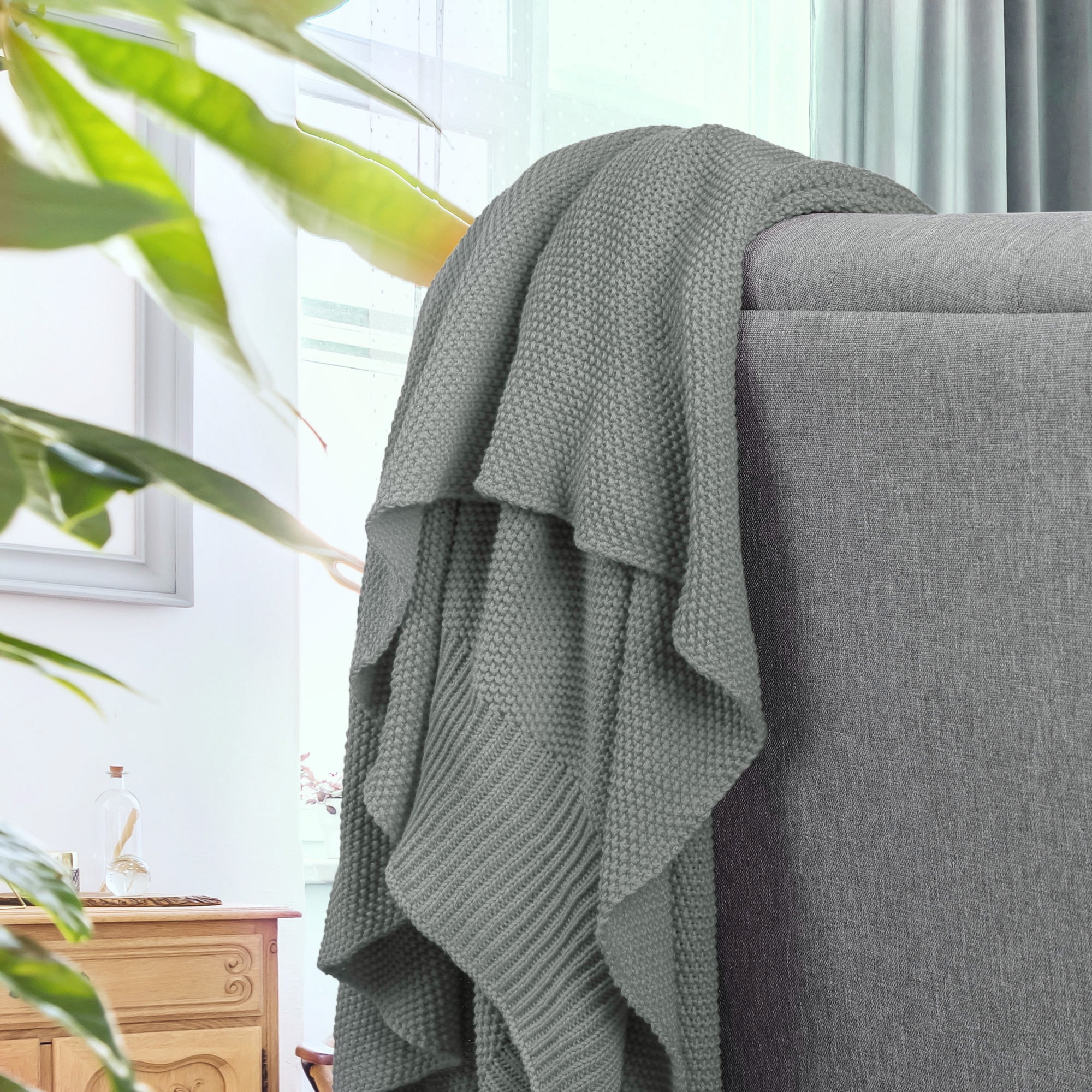 Unique Bargains Pure Cotton Soft Cable Knit Throw Blanket Gray 51" x 59"