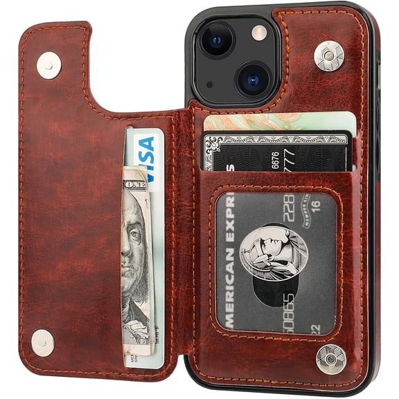 REQO Compatible with iPhone 13 Mini Wallet Case with Card Holder, PU Leather Kickstand Card Slots Case, Double Magnetic Clasp and Durable Shockproof Cover 5.4 Inch(Brown)