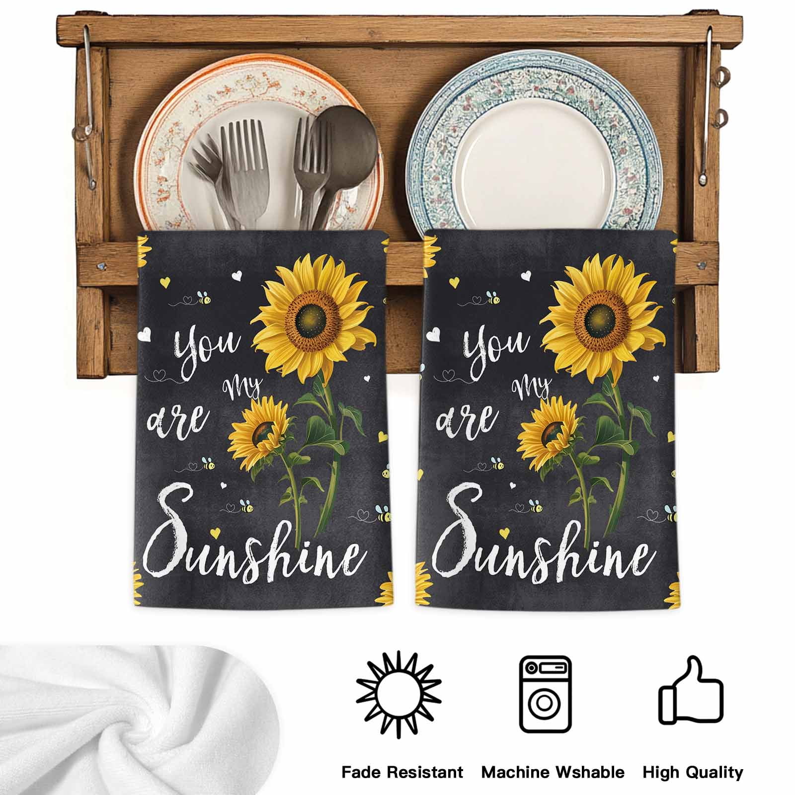 Black Sunflowers Kitchen Towels Set of 2, Vintage Garden Floral Bees Farmhouse Absorbent Dish Towels for Kitchen, Microfiber Hand Towel, Quick Drying Tea Towel for Cleaning Decorative Dishcloths