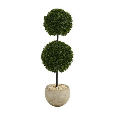 45” Boxwood Double Ball Artificial Topiary Tree in Sand Colored Planter (Indoor/Outdoor) by Nearly Natural