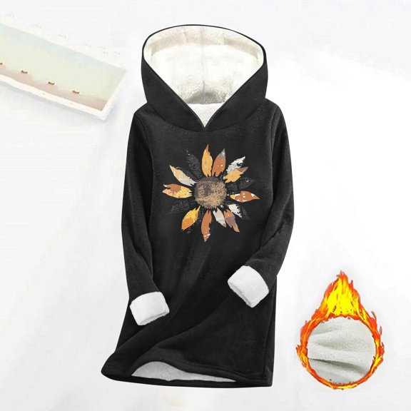 Qulqfy Long Sleeve Shirts Women Plus Size Black Fleece Lined Pullover Tops Floral Winter Hooded Shirts Womens Fall Tops