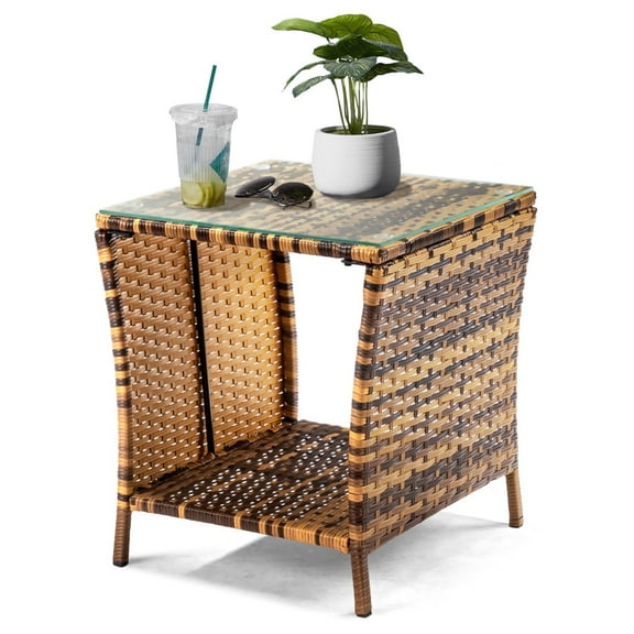 IVV Wicker Patio Side Table - 2-Tier Rattan End Table with Tempered Glass Top, Iron Frame and Storage Open Shelf, Versatile Indoor/Outdoor Use (Yellow)