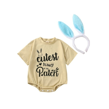 

Genuiskids Baby 2Pcs Easter Outfits Short Sleeve Letter Romper with Bunny Ears Headband Set