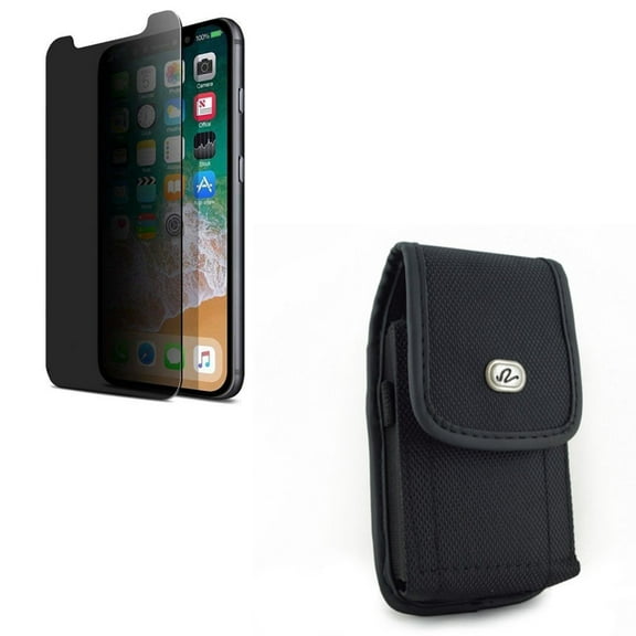 Black Rugged Canvas Side Case Cover Pouch w Anti-Peep Privacy Tempered Glass Screen Protector 3D Curved [Case Friendly] Compatible With iPhone XS Max
