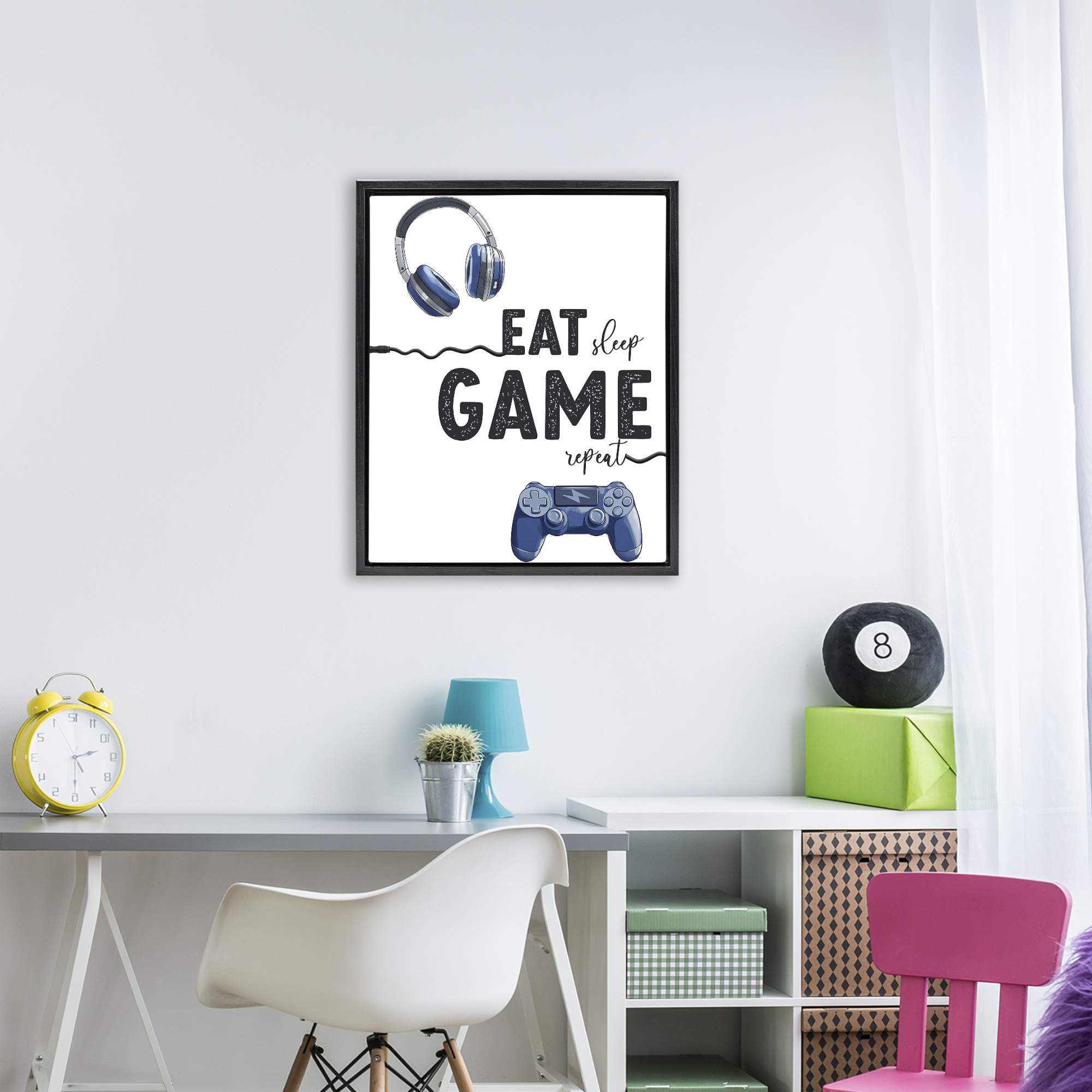 Eat Sleep Game Lifestyle Black Framed Floater Canvas Wall Art, design by Christine Simpson Art