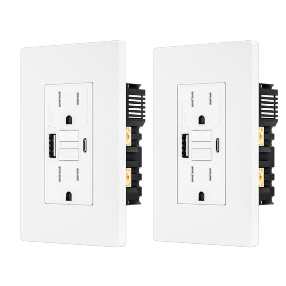 2PACK - 15AMP GFCI Outlet with USB-A & USB- C Ports, Self-Test GFCI Electrical Outlet Combination with USB, LED Indicator, Tamper Resistant, Screwless Wall Plate Include, ETL Listed, White