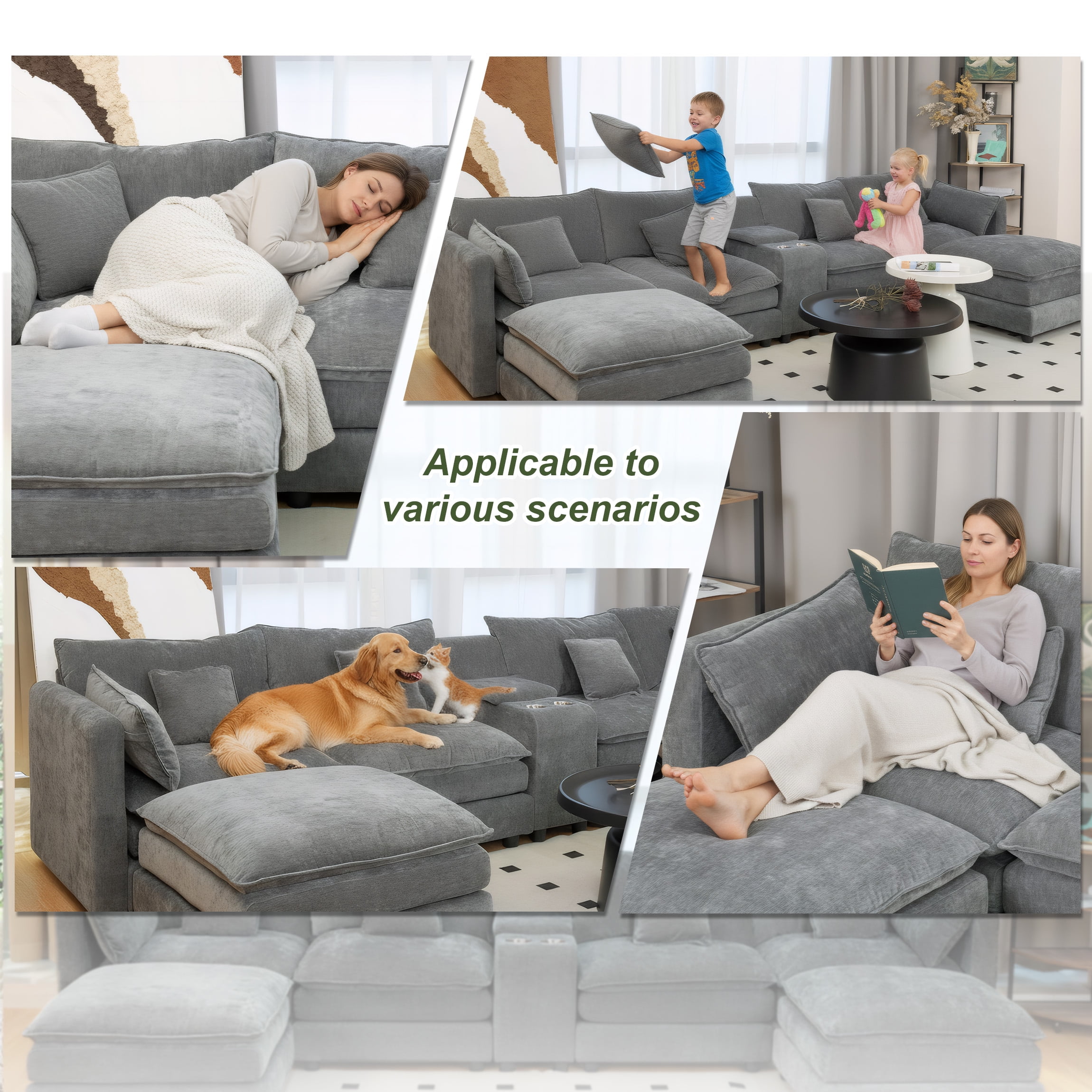 SOULART 144 U Shaped Couch Living Room Furniture - Gray Couch Cloud Modular Sectional Sofa with Ottoman, Chenille 6-Seat, Console & Cup Holders