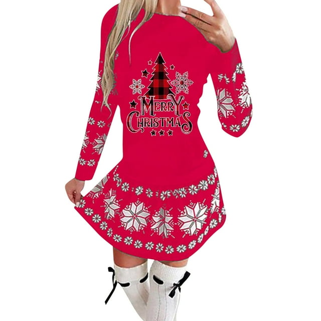 Long Sleeve Summer Dress Womens Casual Christmas Printed Round Neck Ruffle Hem Long Sleeve Dress Womens Dress Shoes Long Sleeve Dress Womens Christmas Dress Casual Dress Shoes