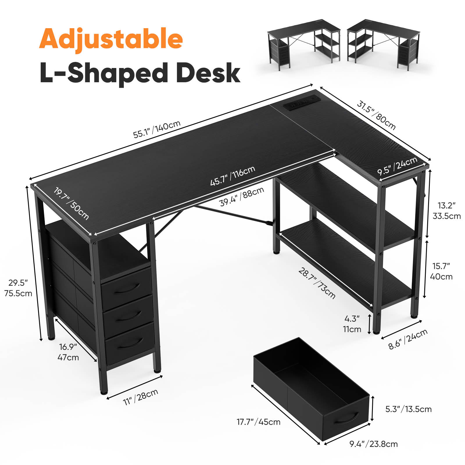 MAYEERTY L Shaped Gaming Desk with 3 Drawers Monitor Stand USB Port Power Socket Corner Workstation