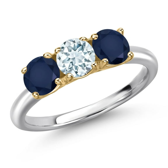 Gem Stone King 10K Two Tone Gold Sky Blue Aquamarine and Blue Sapphire Engagement Ring for Women | 1.70 Cttw | Round 5MM | Gemstone March Birthstone | Size 5