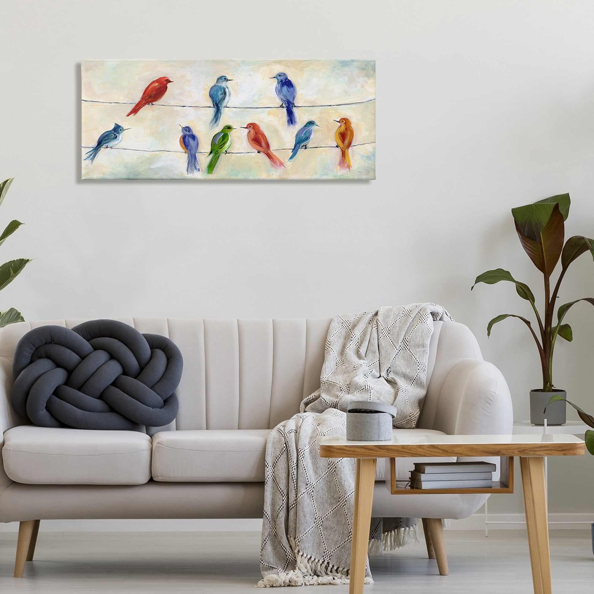 Stupell Industries Rainbow Canary Birds Sitting Wire Cloudy Day Painting, 40 x 17, Design by Marilyn Dunlap