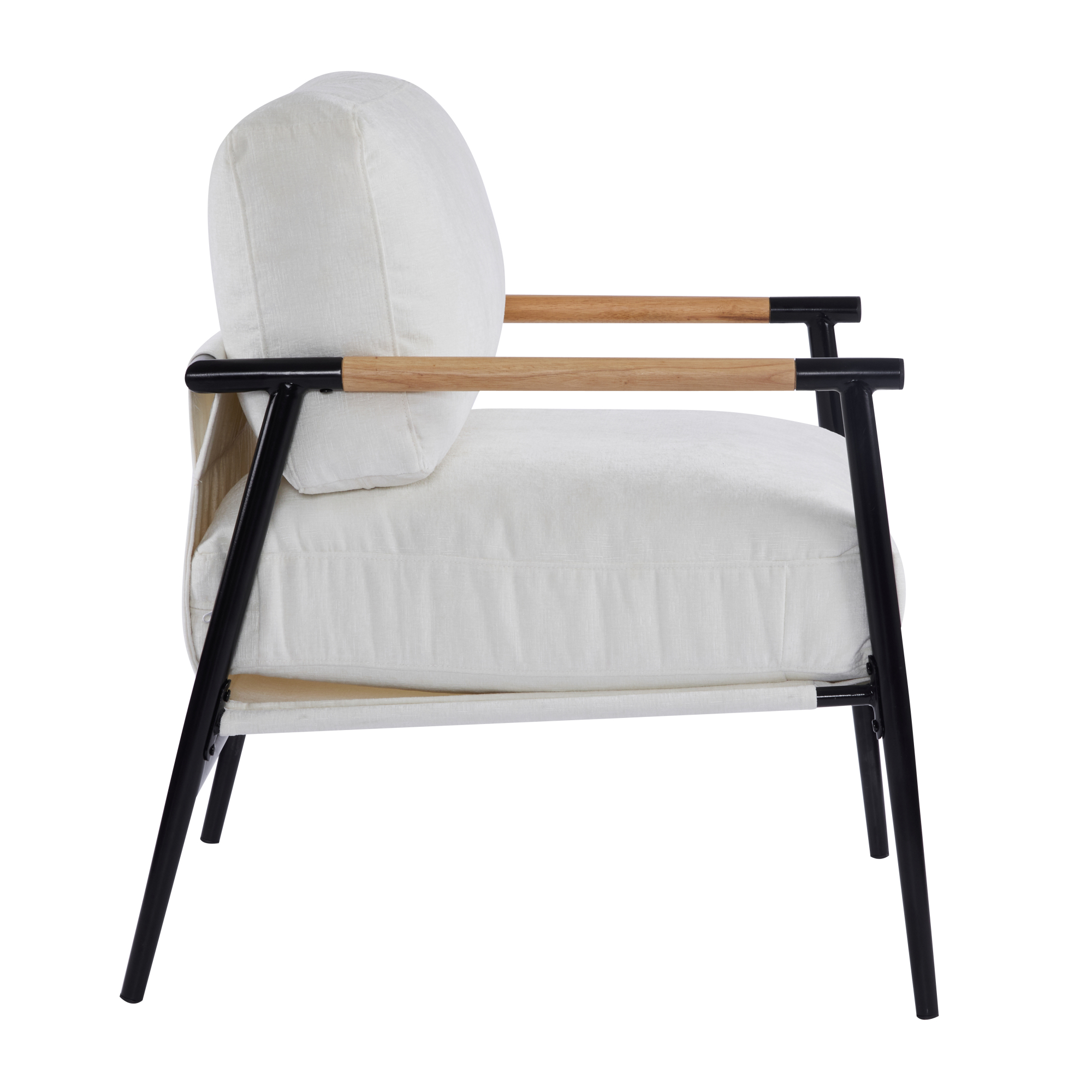 Leumius Modern Accent Chair with Plush Cushions, Minimalist Metal Frame and Wooden Armrest Design for Living Room Bedroom Office Beige