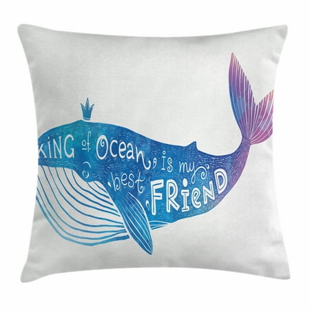 King Throw Pillow Cushion Cover, King of Ocean is My Best Friend in Watercolor Abstract Style Quote on Whale Print, Decorative Square Accent Pillow Case, 18 X 18 Inches, Blue and Purple, by