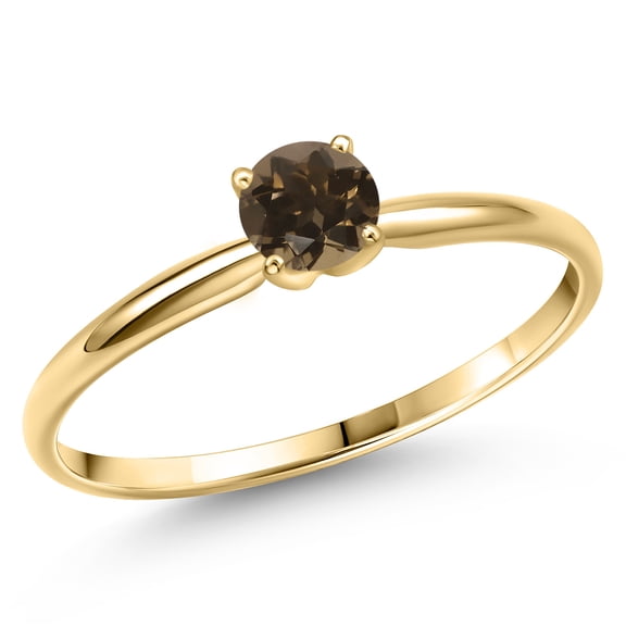 Gem Stone King 14K Yellow Gold Brown Smoky Quartz Engagement Ring for Women | 0.50 Cttw | Round 5MM | Gemstone Birthstone | Size 9
