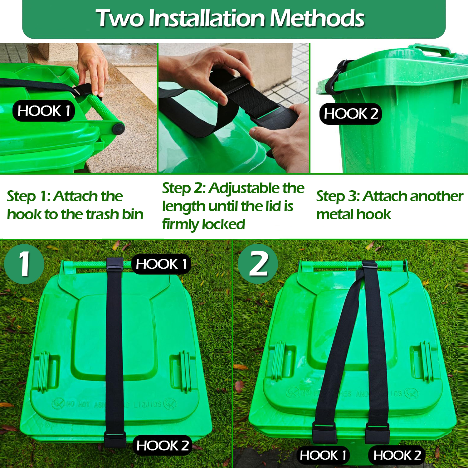 IC ICLOVER [2 Pack] Trash Can Lock for Animals/Raccoons, Metal Double Claw Garbage Lid Lock Security Strap, Outdoor Adjustable Bungee Cord Trash Can Bin Lock