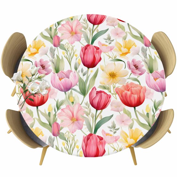 Spring Tulip Fitted Tablecloth with Elastic Edged, Round Table Cloth for Dining Table, Summer Floral Botanical Elegant Waterproof Oil Proof Table Cover for Indoor Outdoor 45"-54"